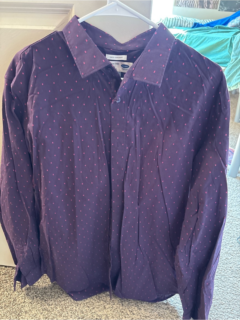 Old Navy Men's Purple Button-Down Shirt with Pink Dot Print